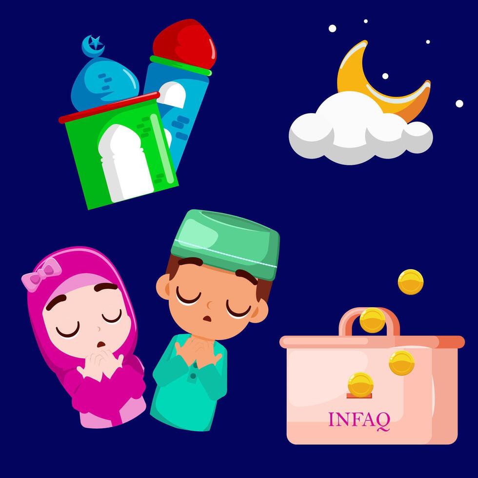 Ramadan element set, mini mosque, moon and cloud, couple kids praying and infaq box vector