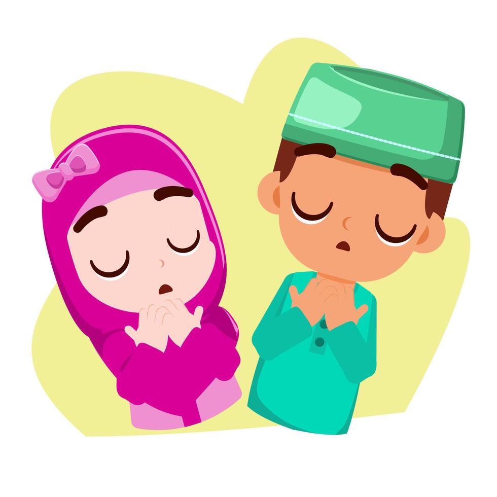 Ramadan element set, couple kids praying with white background vector