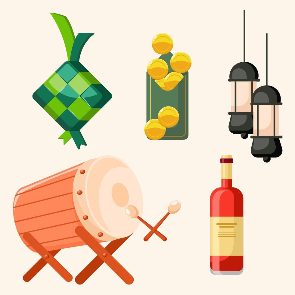 Flat illustration ramadan decoration set, ketupat, envelope lantern vector