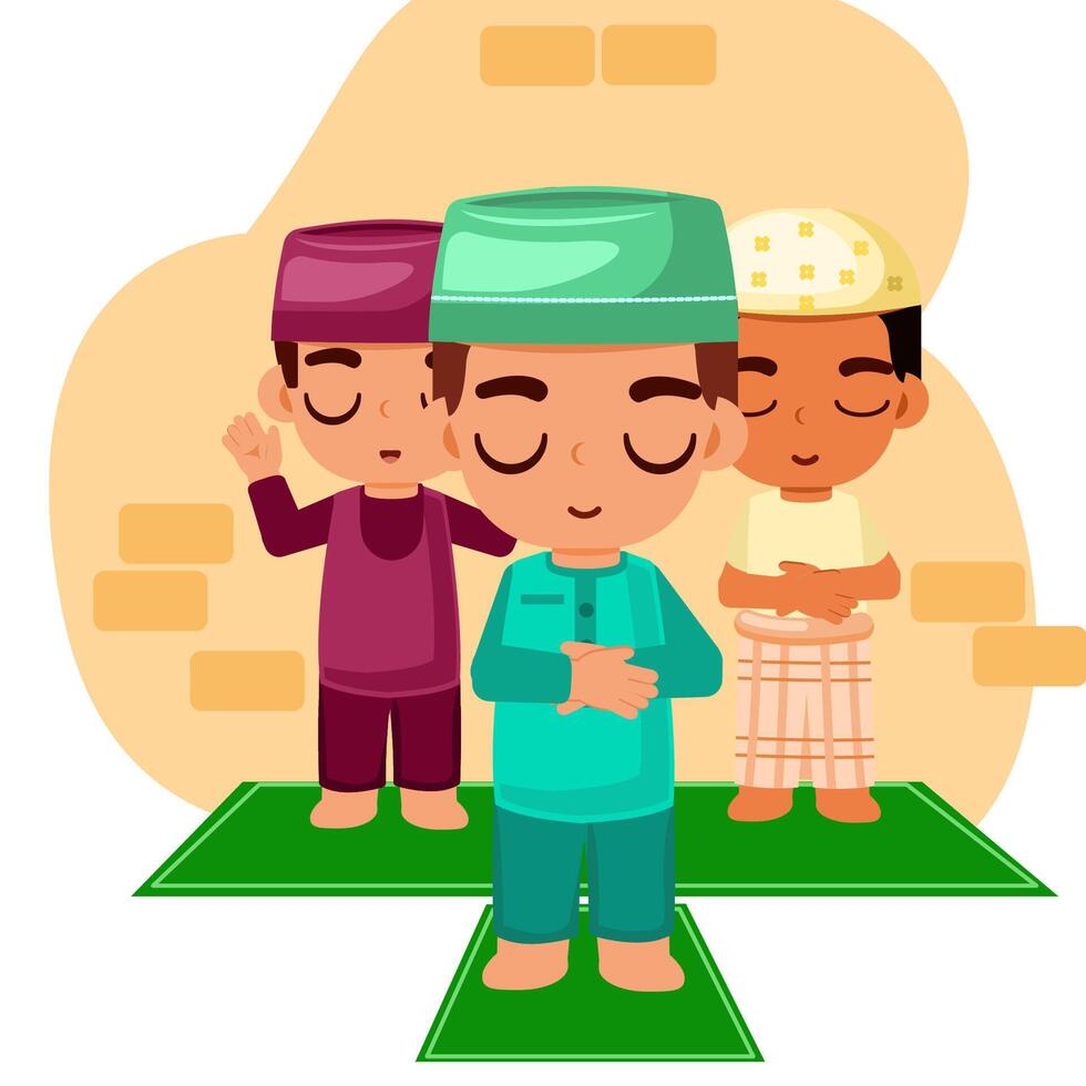 flat illustration of muslim men performing congregational prayers vector