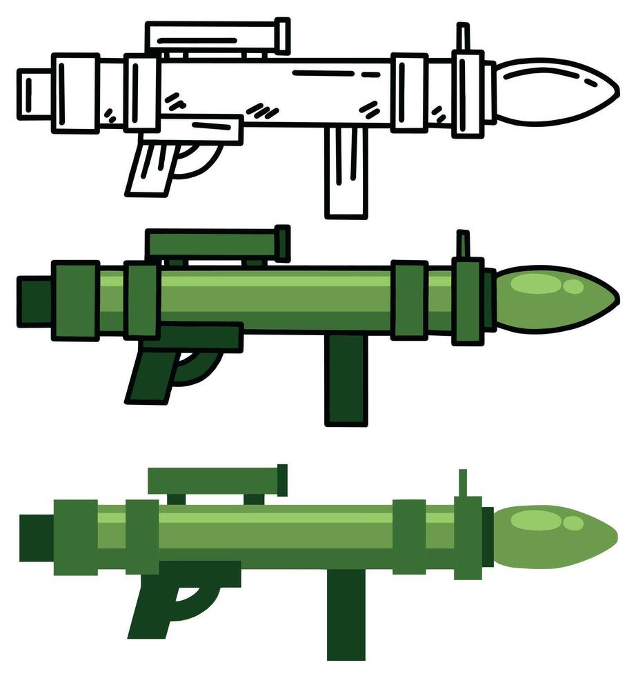 Bazooka gun. Rocket rpg launcher. War and battle element. Explosive missile handgun. Flat grenade military firearm. Cannon or rifle weapon. Army anti tank bazooka equipment vector