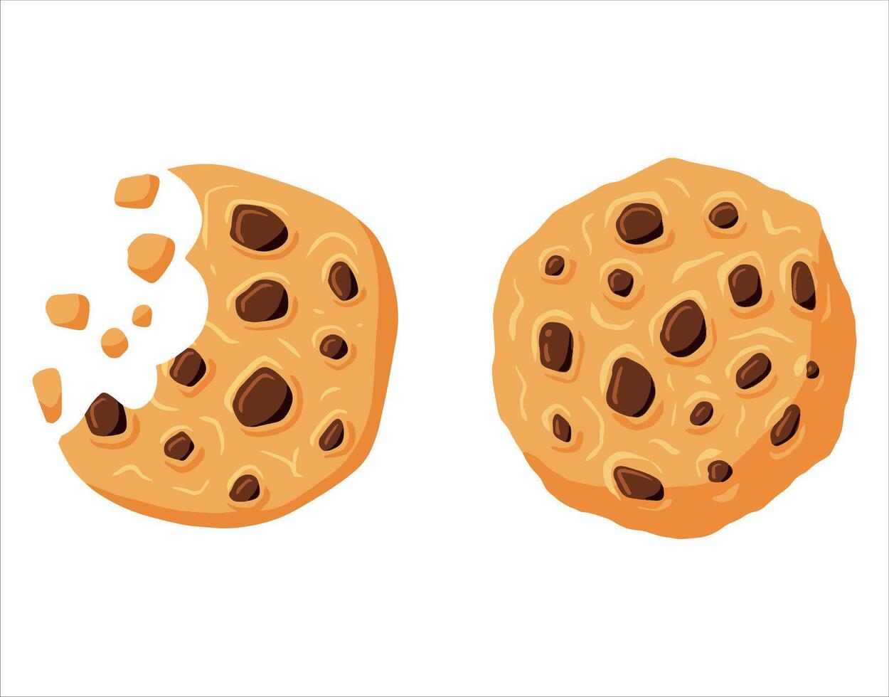 Cookie crumble, bite biscuit oatmeal. Tasty chip bakery. Sweet dessert food. Cartoon pastry baked snack for breakfast. Chocolate cake with crumb vector