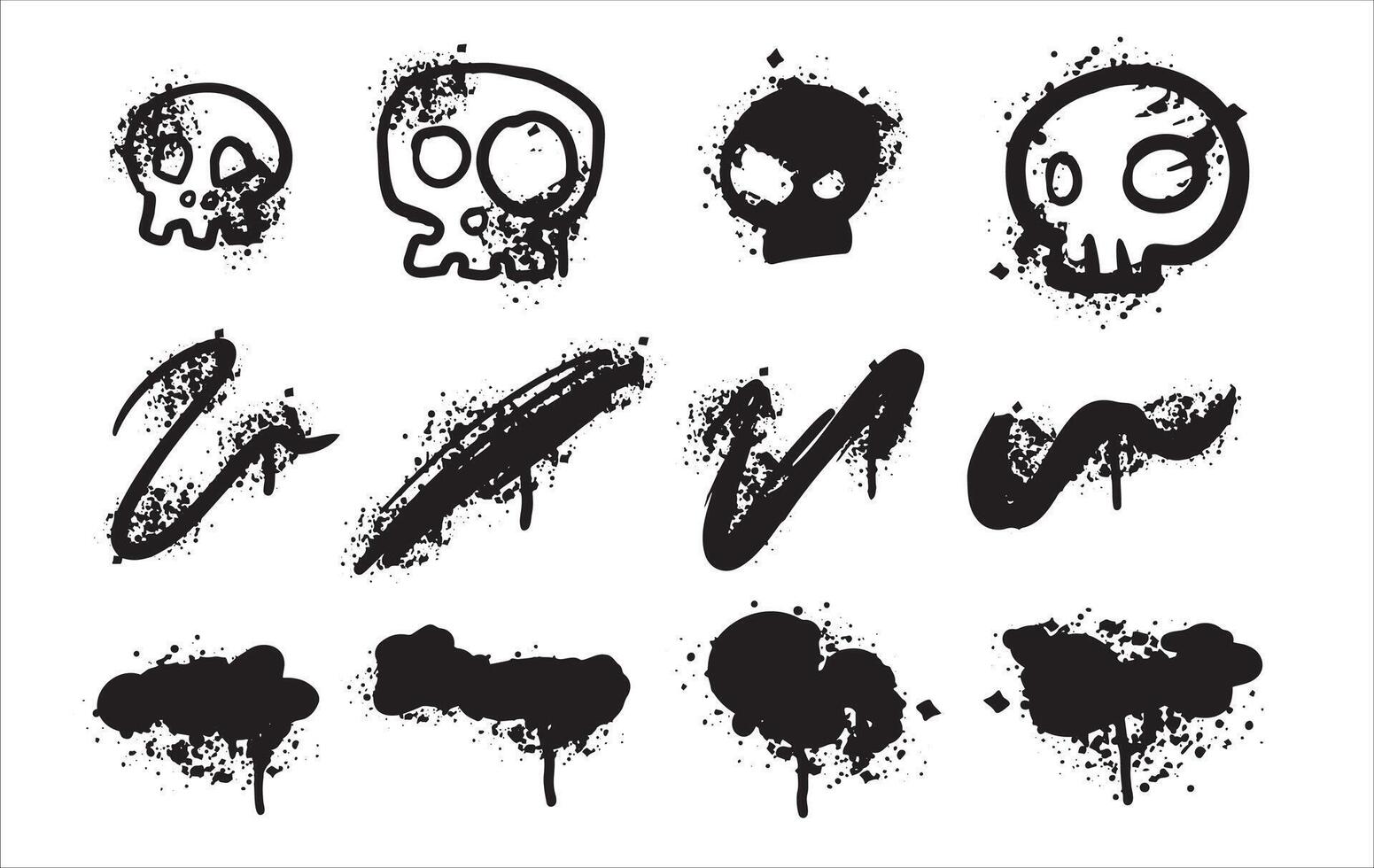 Graffiti spray print. Ink paint spot. Brush stain drop art. Abstract texture grungy element. Set of urban black splatter vector