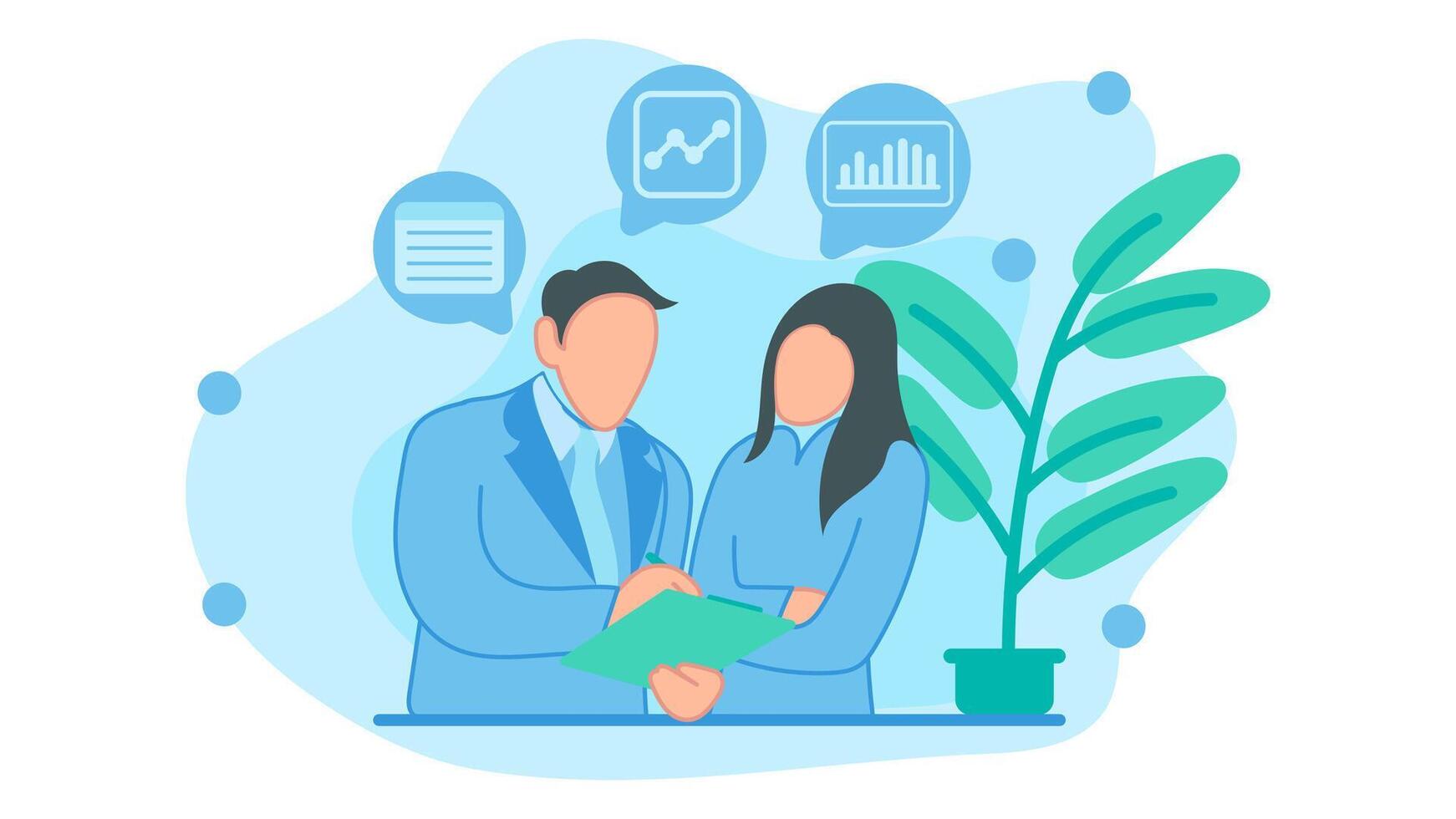 A boss who is explaining a project to his female employees. explains good work. illustration in flat design style vector