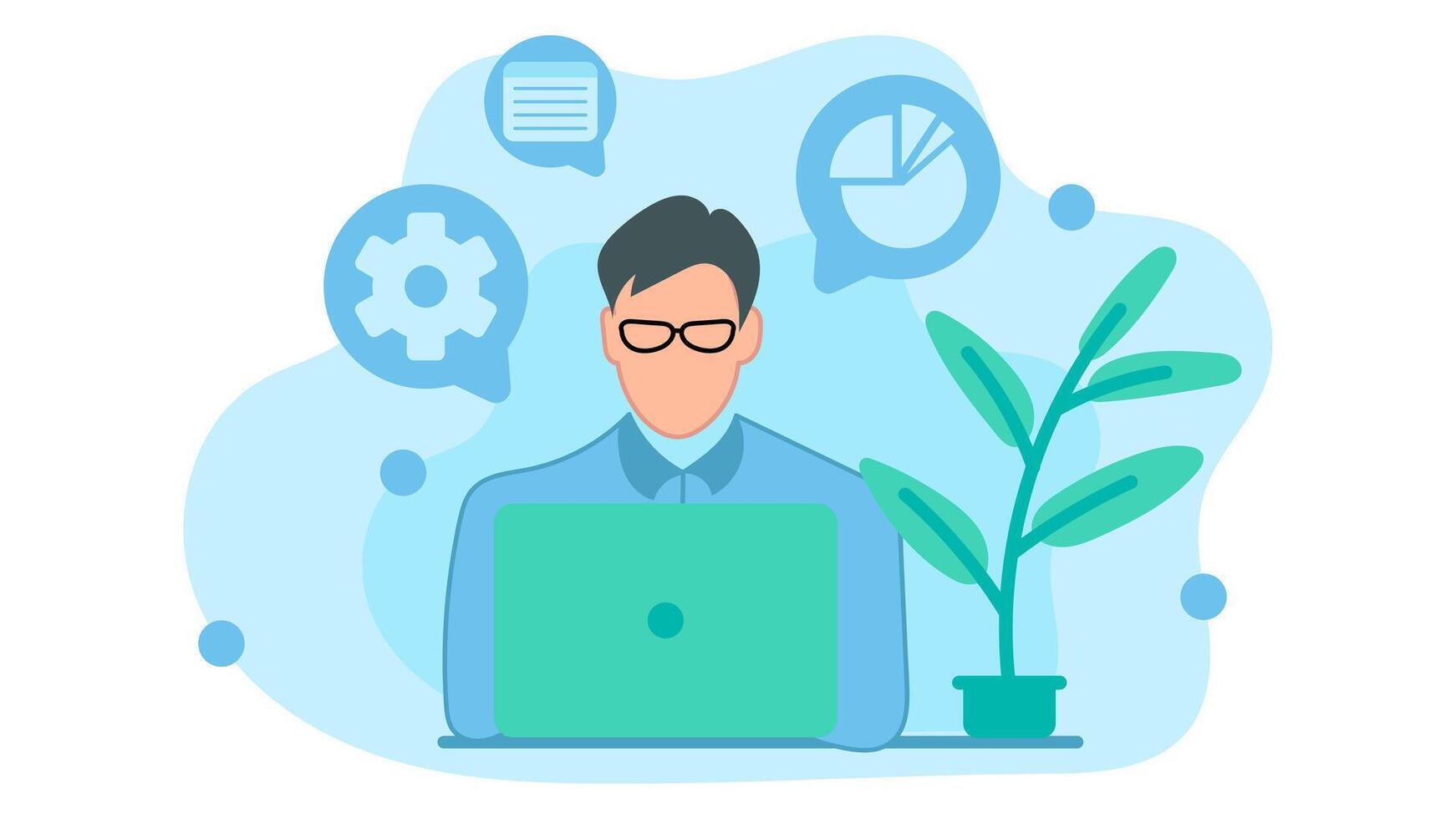 Career woman is working seriously in front of a laptop and there is a smartphone. Working on office task targets. illustration in flat design style vector