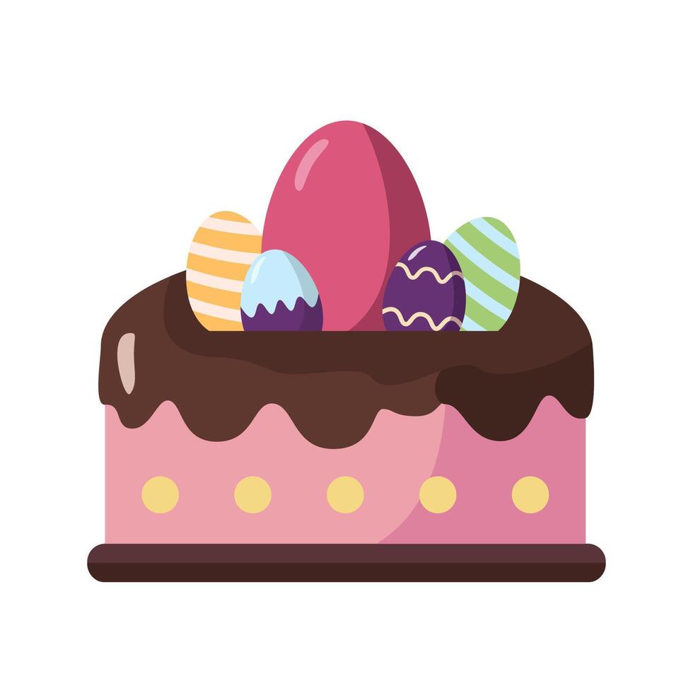 Chocolate-covered Easter cake topped with colorful striped eggs, flat cartoon style, isolated on a white background, festive concept vector