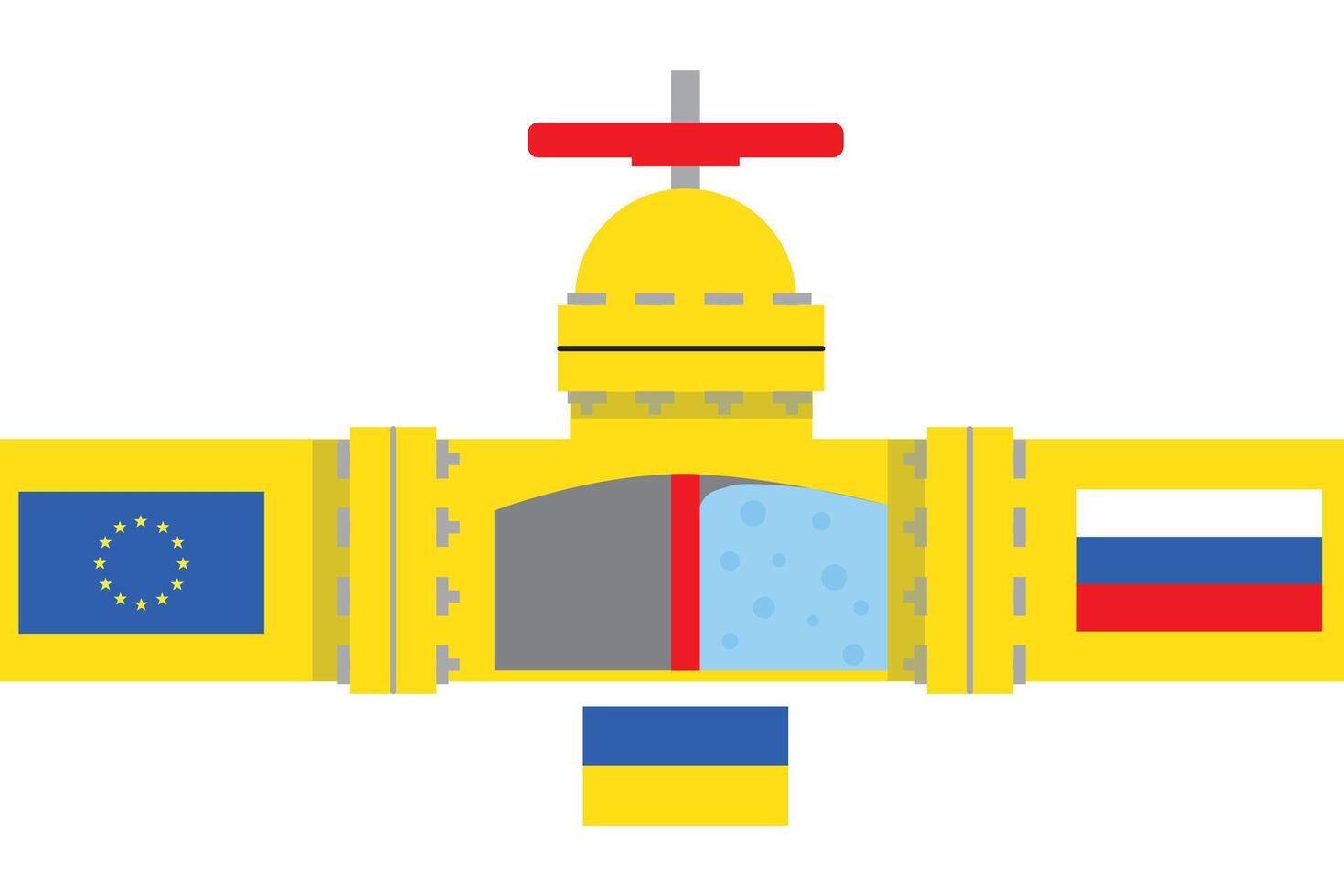 Gas yellow pipeline with red slider turn off and flags European union and Russia illustration. Concept shutting off the gas supply import from Russia vector