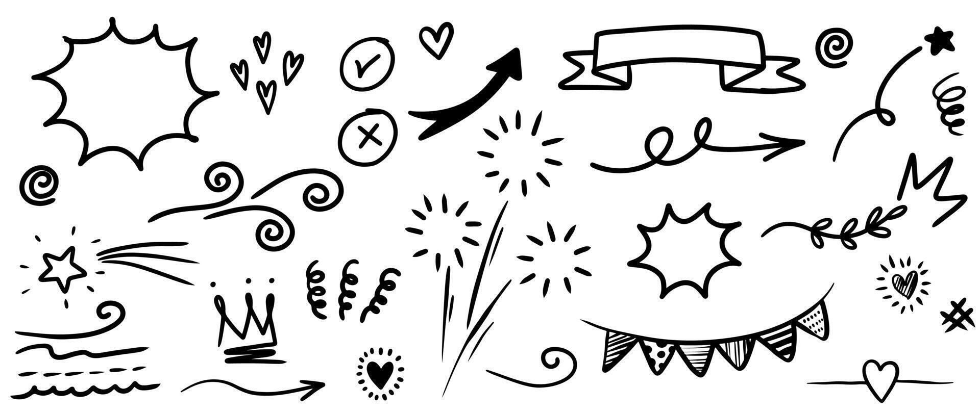 Hand drawn doodle style collection of heart, scribble, star, check mark, spirals, arrow, highlight, speech bubble, underline, sparkles, leaves, wind, lightning, and emphasis element. vector