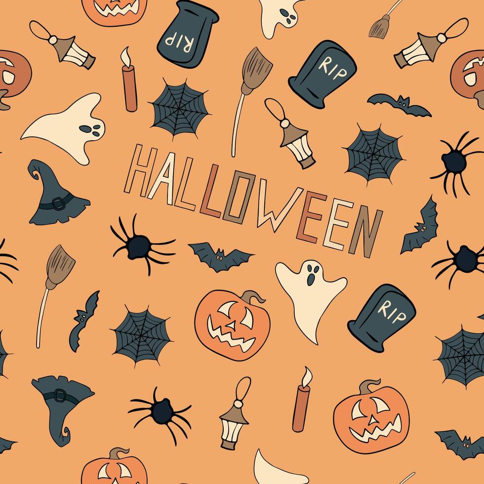 The design showcases a variety of Halloween themed elements on an orange background vector