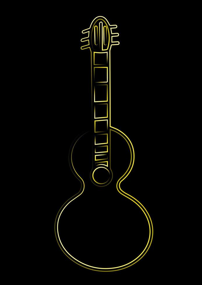 A neon outline of a guitar displays a striking contrast against a solid black background, creating an eye catching visual effect vector