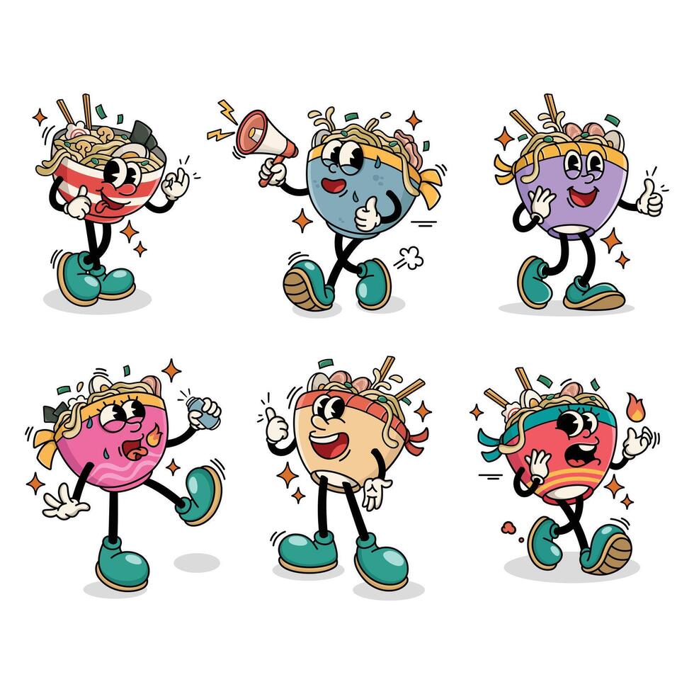 Set of Traditional Ramen Japanese Food Cartoon Illustration with Varied Poses and Expressions vector