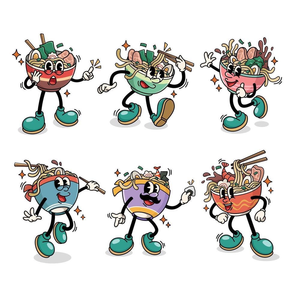 Set of Traditional Ramen Japanese Food Cartoon Illustration with Varied Poses and Expressions vector