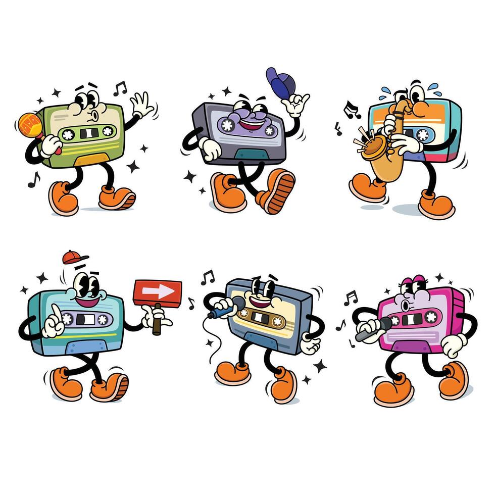 Set of Retro Cassette Tape Cartoon Illustration with Varied Poses and Expressions vector