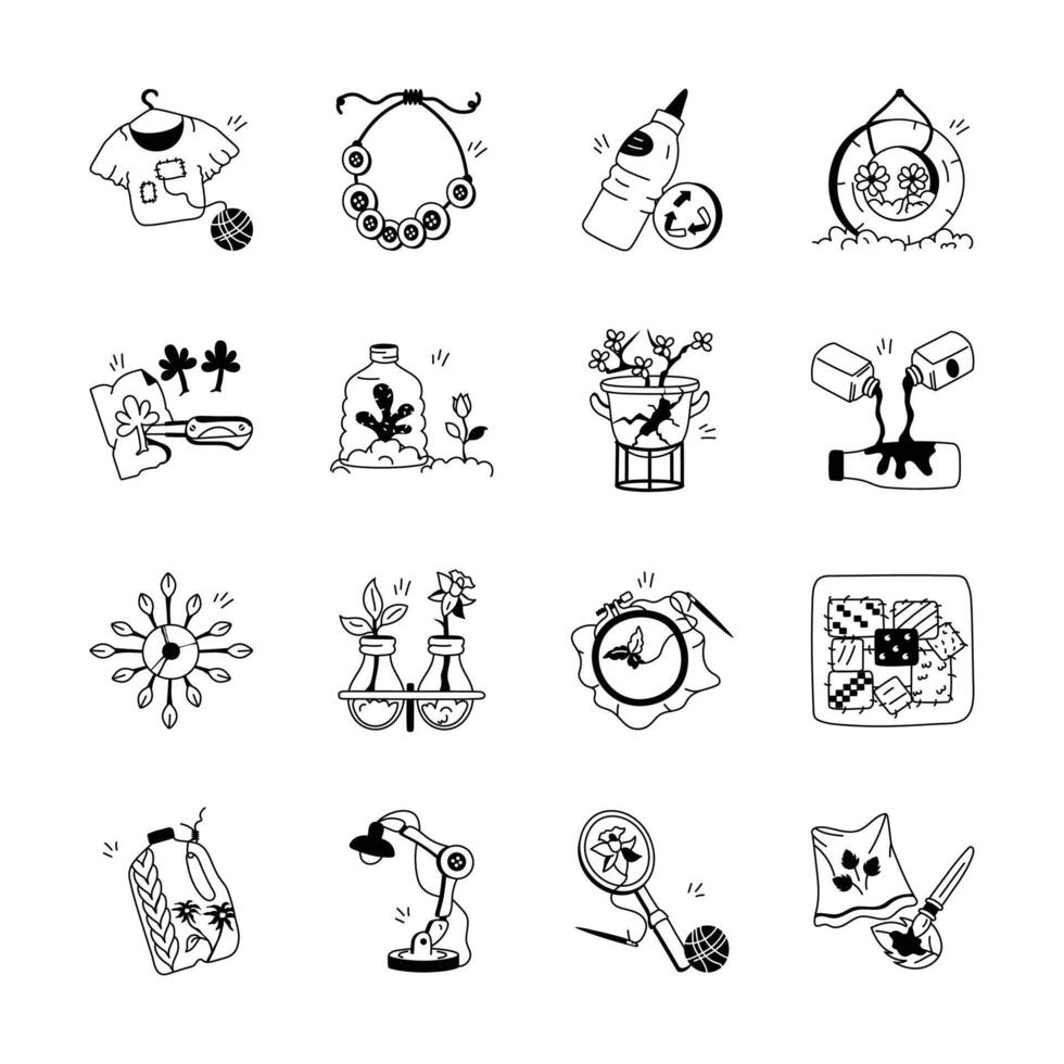 Hand drawn icons showcases a variety of upcycled craft projects, perfect for promoting DIY, sustainability, and creativity vector