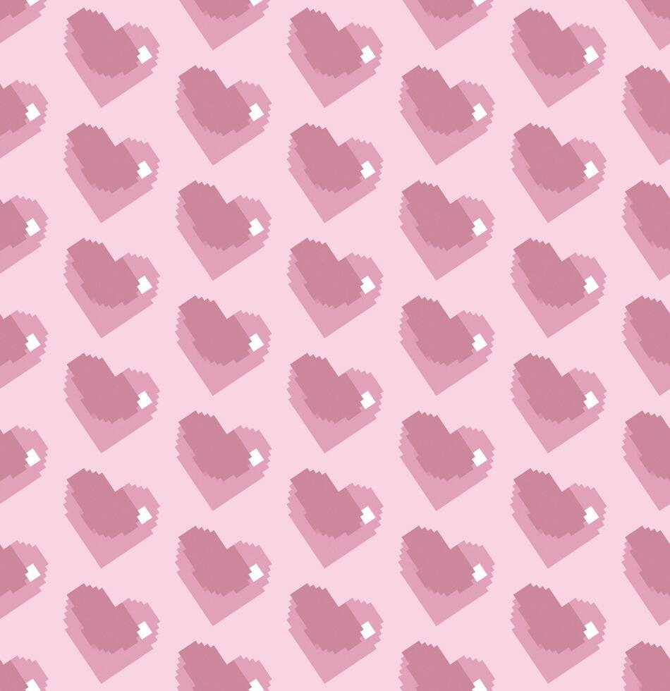 Seamless repeating pattern of pixelated 8-bit hearts on a light pink background. Retro games or digital aesthetic with playful and cheerful vibe. Decorative for coasters, mugs, or phone cases. vector
