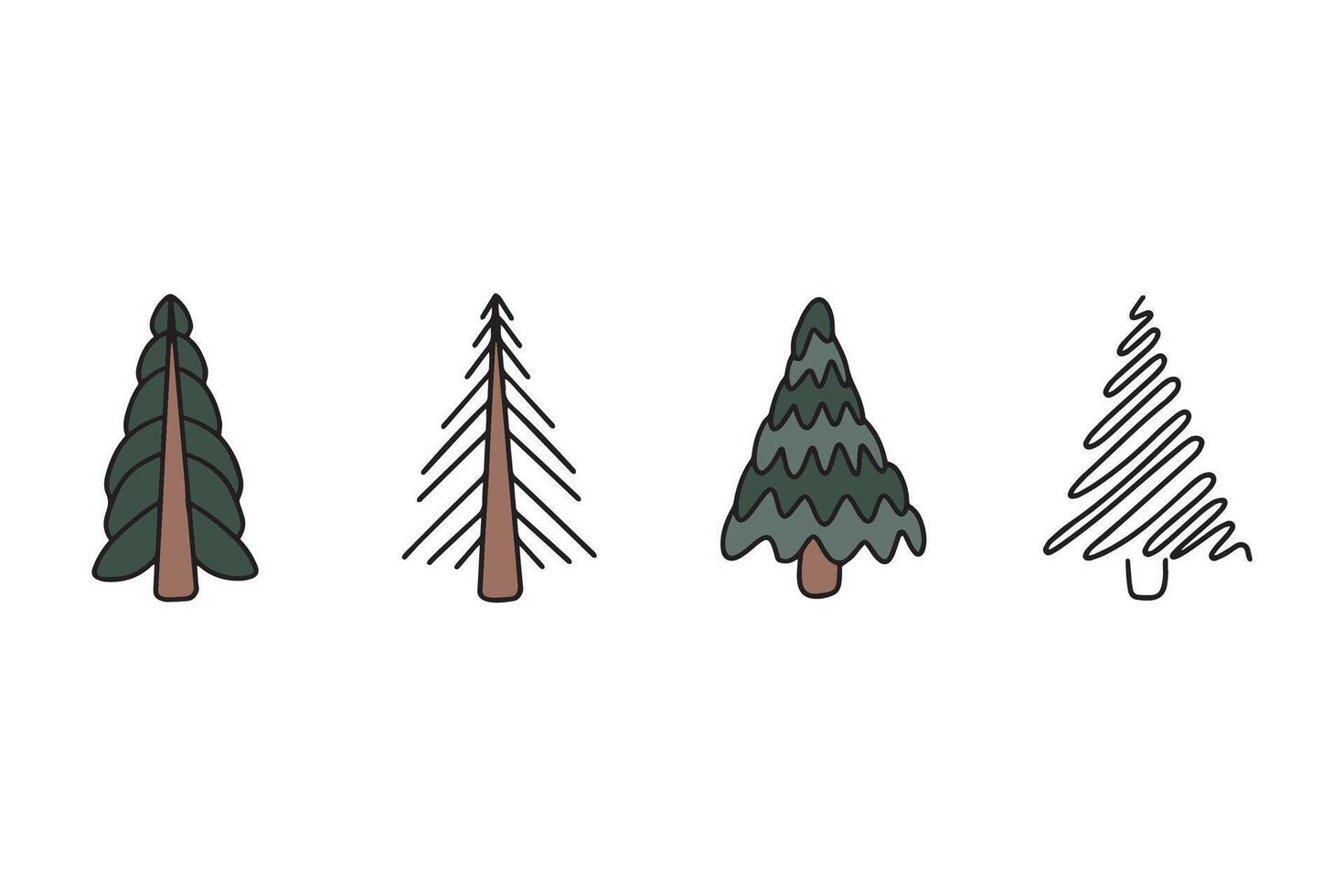 Set of hand drawn abstract linear Christmas trees. Trendy Fir trees in doodle style. Perfect for holiday greeting cards and packaging. vector