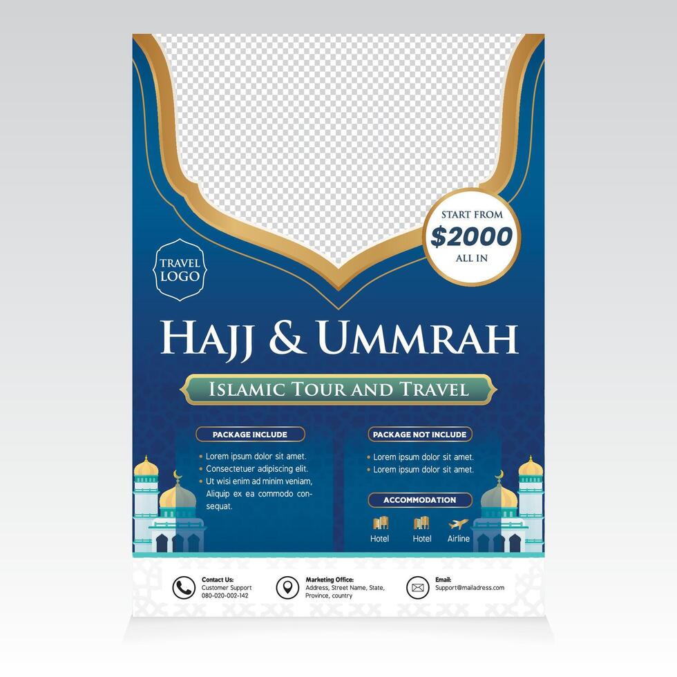 Islamic Banner Poster Hajj and Umrah With Mosque and Blue Background vector