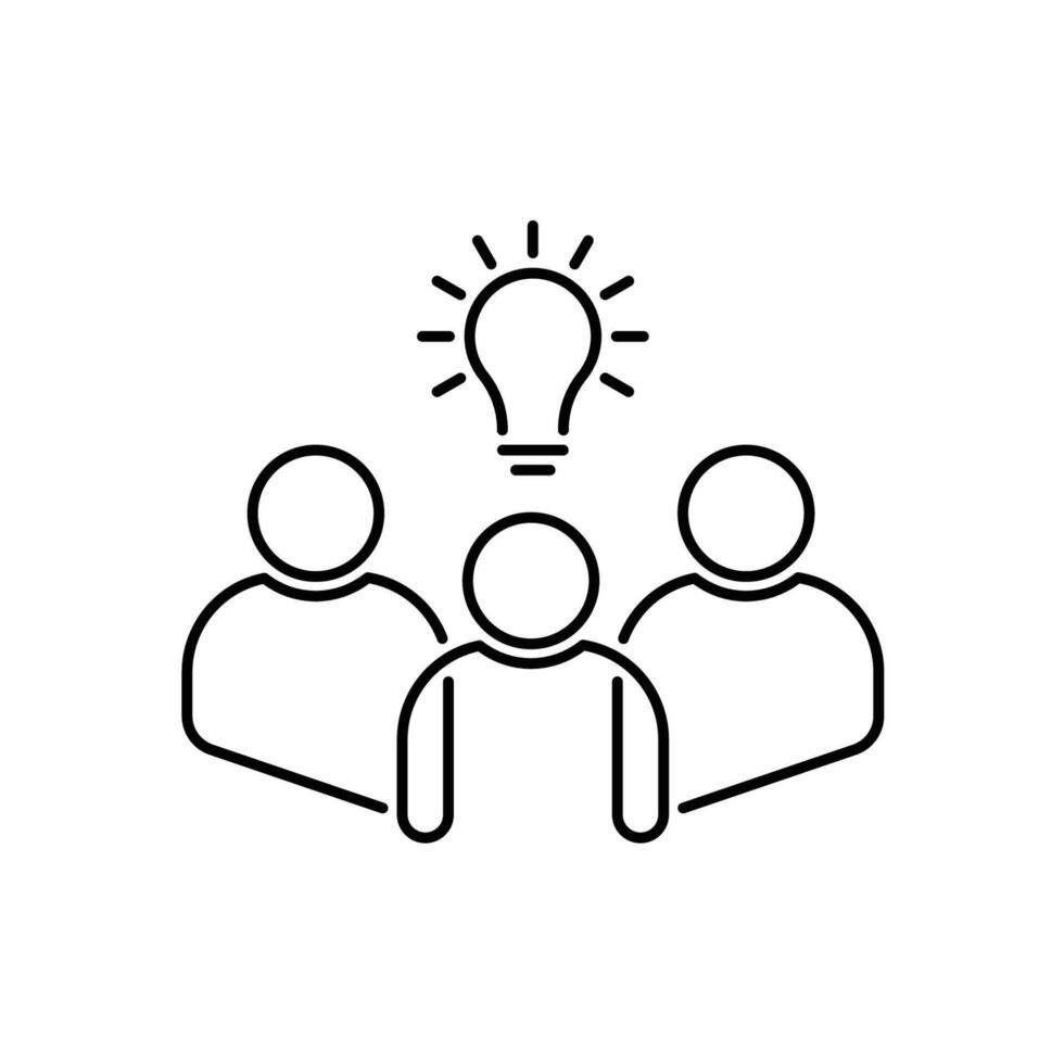 thin line insight icon with group of people and black bulb. outline flat trend modern logo graphic stroke art design isolated on white. concept of scholars or scientists and students or genius vector