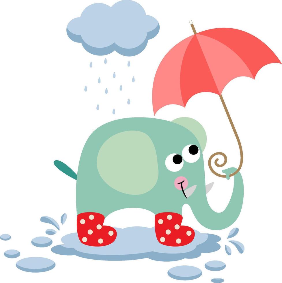 Funny elephant with umbrella under rain vector