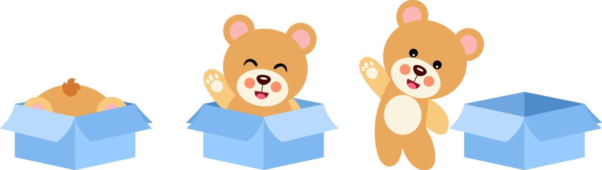 Cute teddy bear in different positions going out a cardboard box vector
