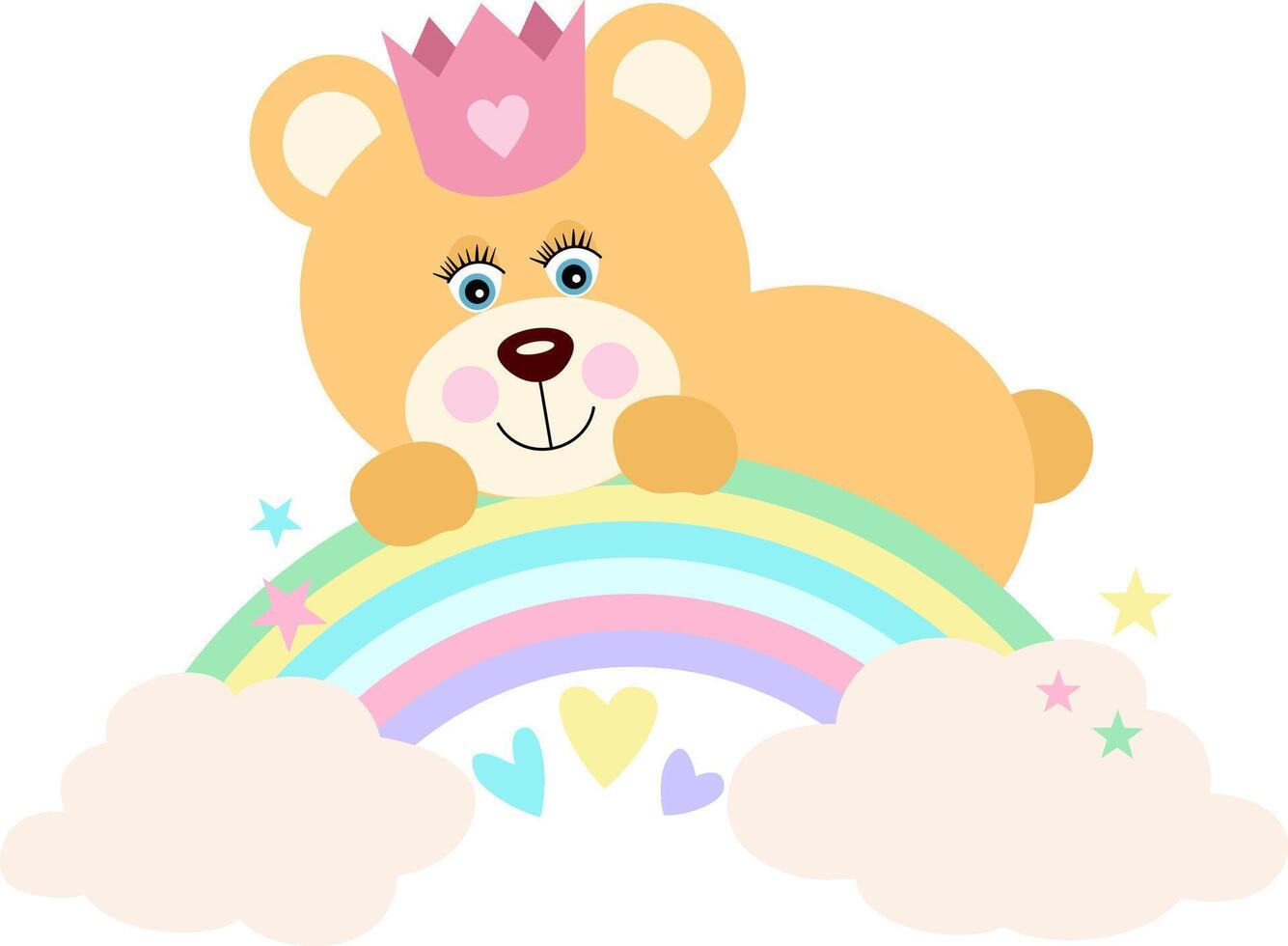 Princess teddy bear on rainbow with clouds and stars vector