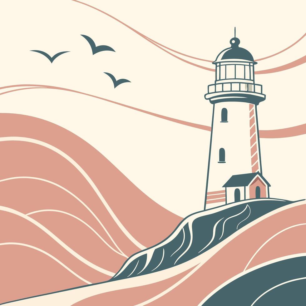 Painting of a lighthouse with birds flying around it birds flying around it The lighthouse vector