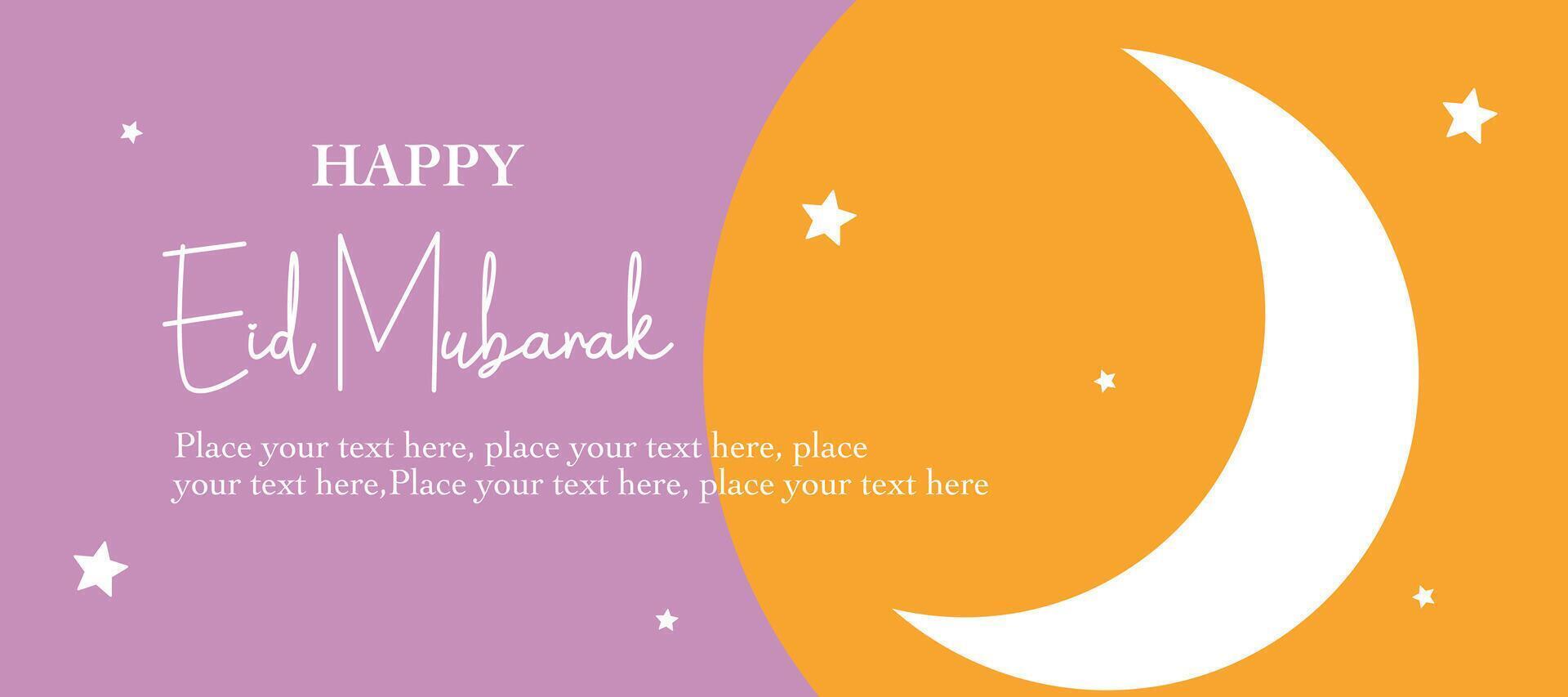 Happy Eid Mubarak and Ramadan Kareem greeting with crescent illustration on pink and orange background for card, poster and banner vector