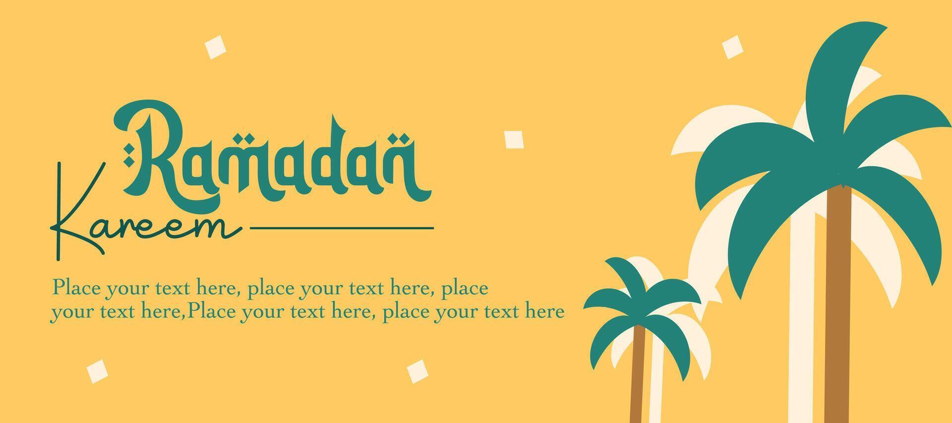 Happy Eid Mubarak and Ramadan Kareem greeting template with palm tree illustration on yellow background for card, poster and banner vector
