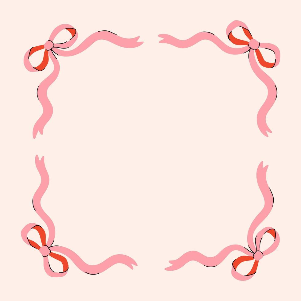Frame of coquette pink bows and ribbons. Hand drawn trendy ribbons border. Vintage bowknots frame for greeting cards, wedding, invitations vector