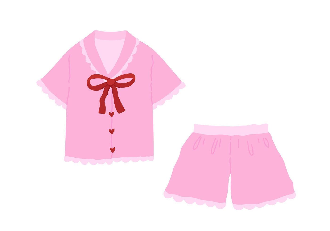 Cozy cute woman homewear. Coquette pink comfy pajamas, shirt and shorts with red bow and hearts. Flat illustration isolated on white background vector