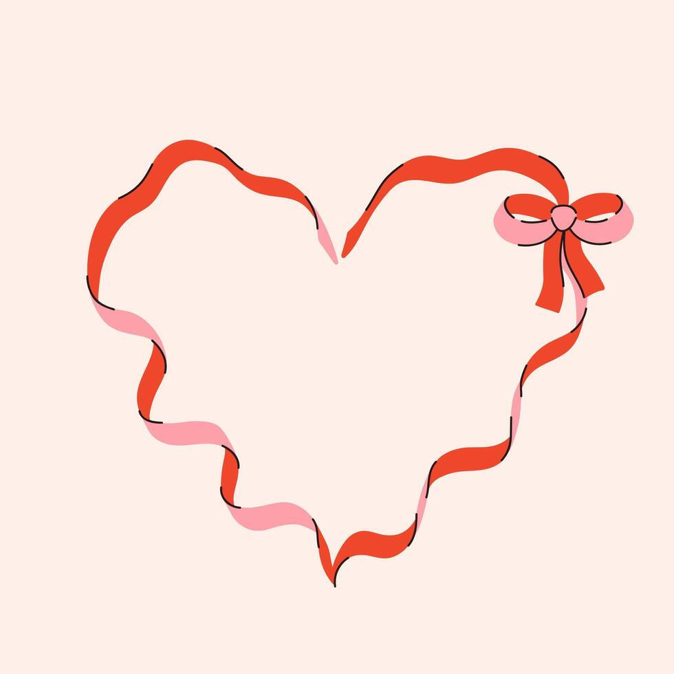 Ribbon heart frame with coquette pretty bow. Hand drawn trendy border. Vintage bowknot frame for greeting cards, wedding, invitations vector