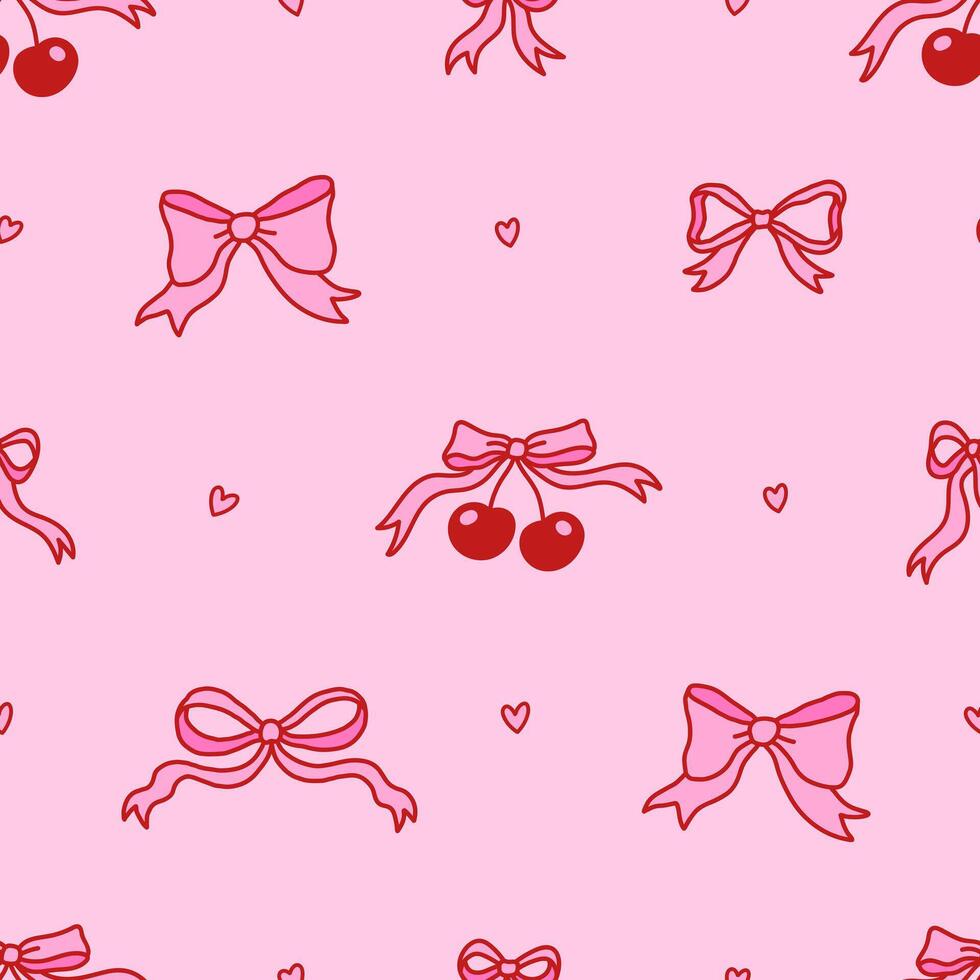 Seamless pattern of elegant bow knots, cherry berry, heart. Background with coquette pretty charming pink bow. Hand drawn illustration in vintage style vector