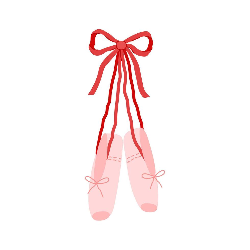 Pink ballet shoes clipart. Hanging pair of ballerina pointe shoes with red ribbon bow. Coquette ballet slippers for classic elegant dance vector