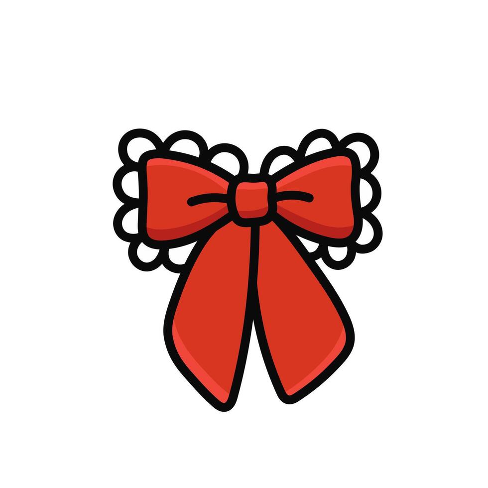 Elegant red bow of ribbon and lace. Beautiful holiday decorative element, festive gift decor. Clipart isolated on white background vector