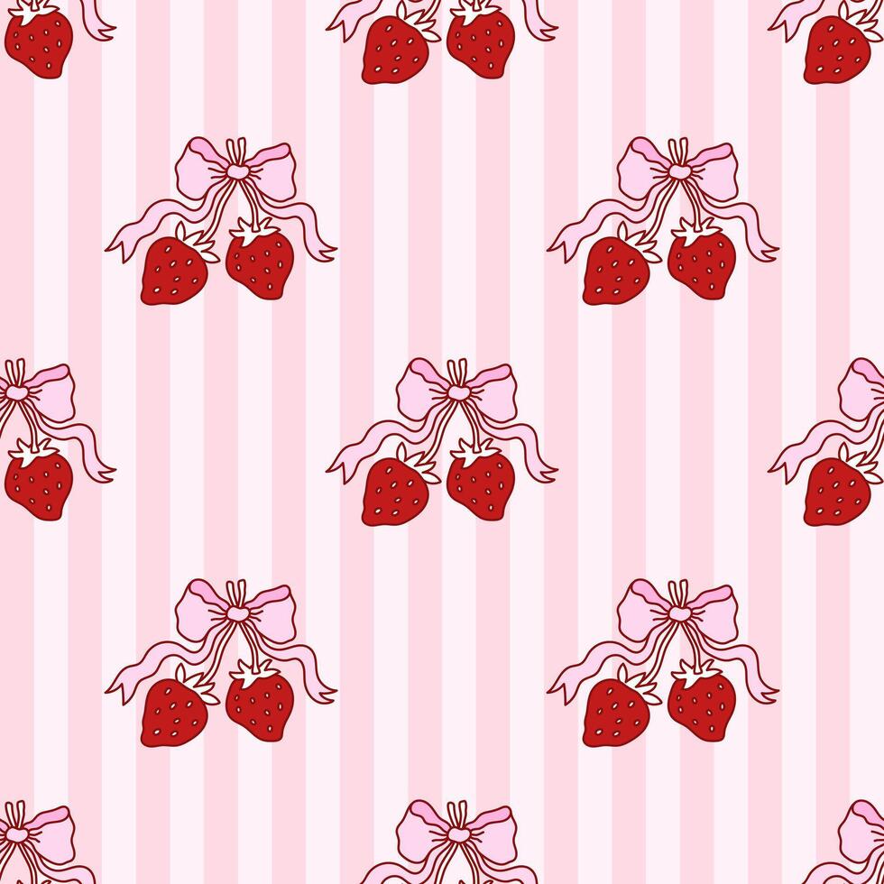 Seamless pattern of elegant bow knots and strawberry on striped pink background. Backdrop with coquette pretty charming bow. Vintage hand drawn illustration vector