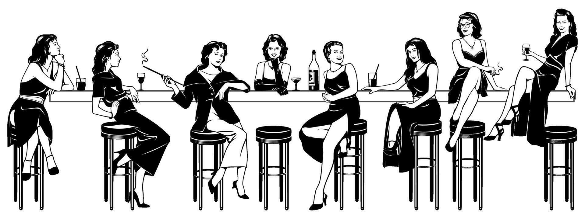 Set of Pretty Women sitting in bar, nightclub, cafe, pub. Black and white cliparts isolated on white. vector