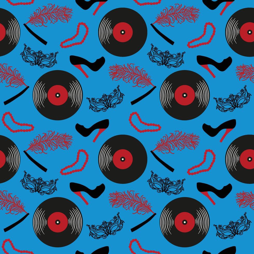 Seamless pattern of hand drawn black and red retro objects vector