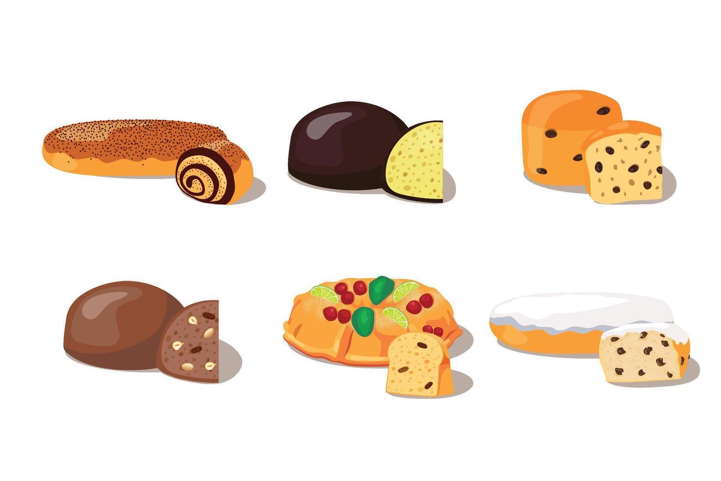 Various Christmas sweet breads flat design collection. Cartoon cakes illustration set vector