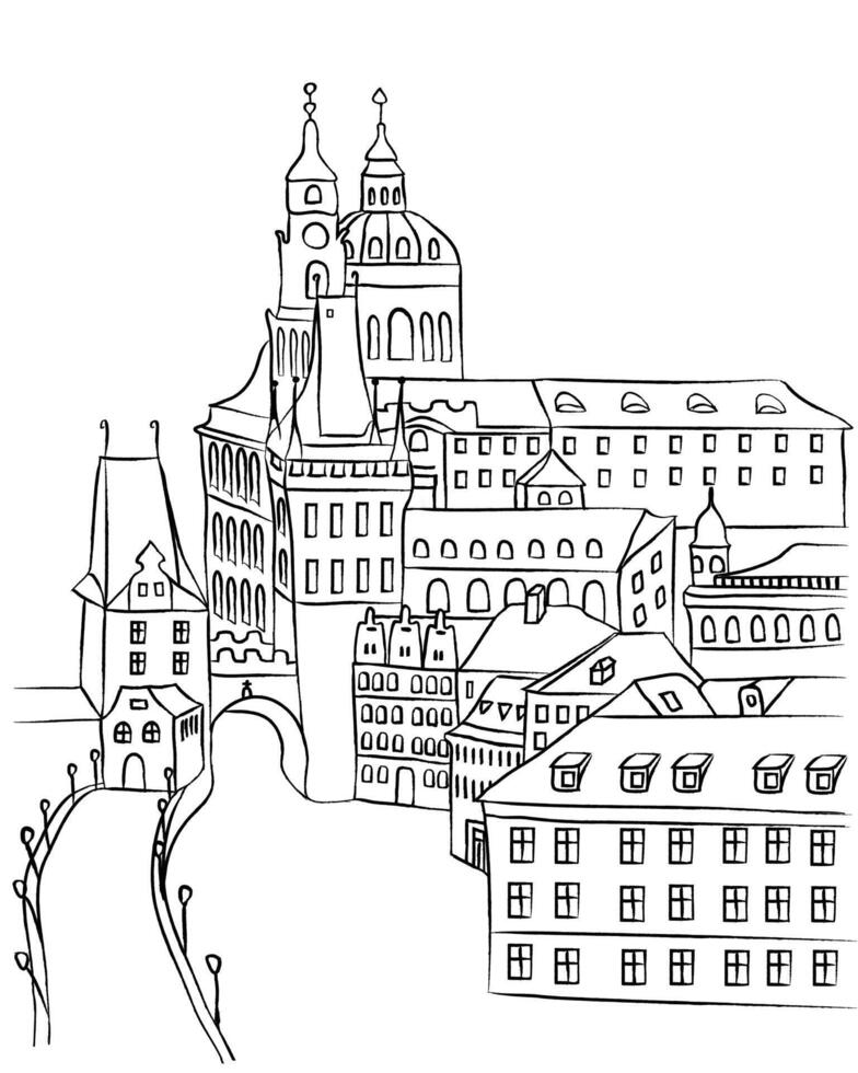 Cartoon illustration of downtown Prague in chalk vector