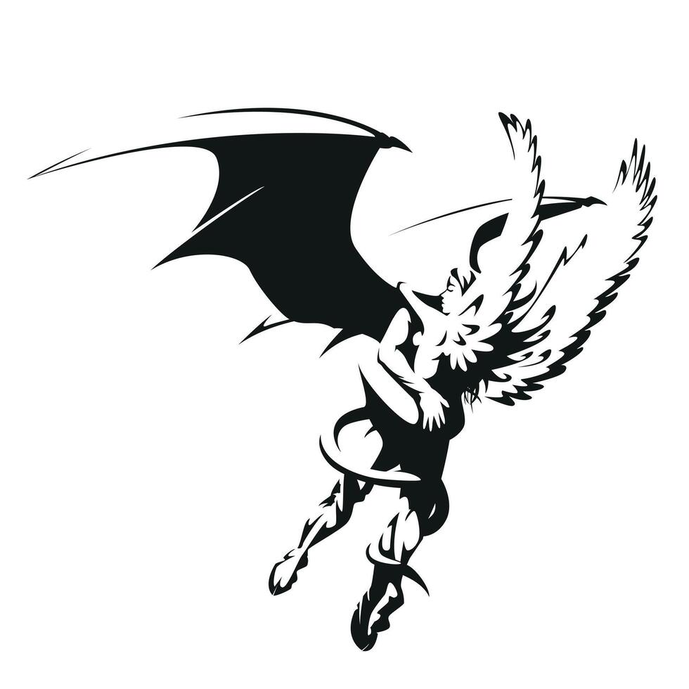 the angel and the devil embrace, naked winged man and woman in an embrace, black and white illustration vector