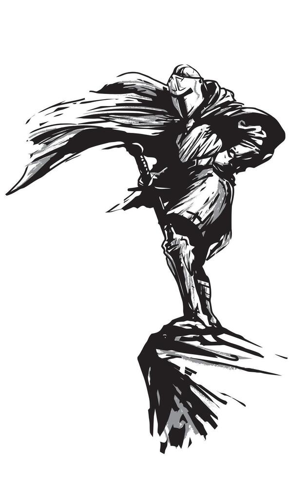 fantasy knight with sword and fluttering cloak in the wind standing on the rock, black illustration on white background vector
