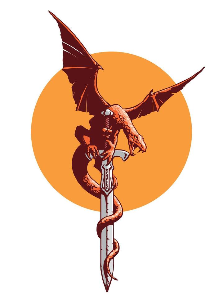 Fantasy Dragon with wings spread on a sword - illustration, original artwork vector