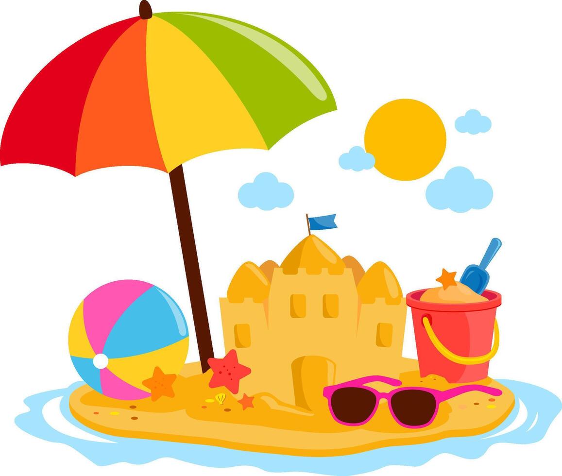 Summer vacation island with a beach umbrella and a sandcastle. Sea and sun background. vector