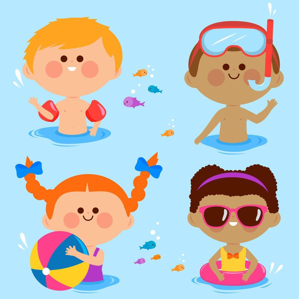 Boys and girls swimming at the sea using inflatable swim rubber rings, armbands, diving mask and a beach ball. vector