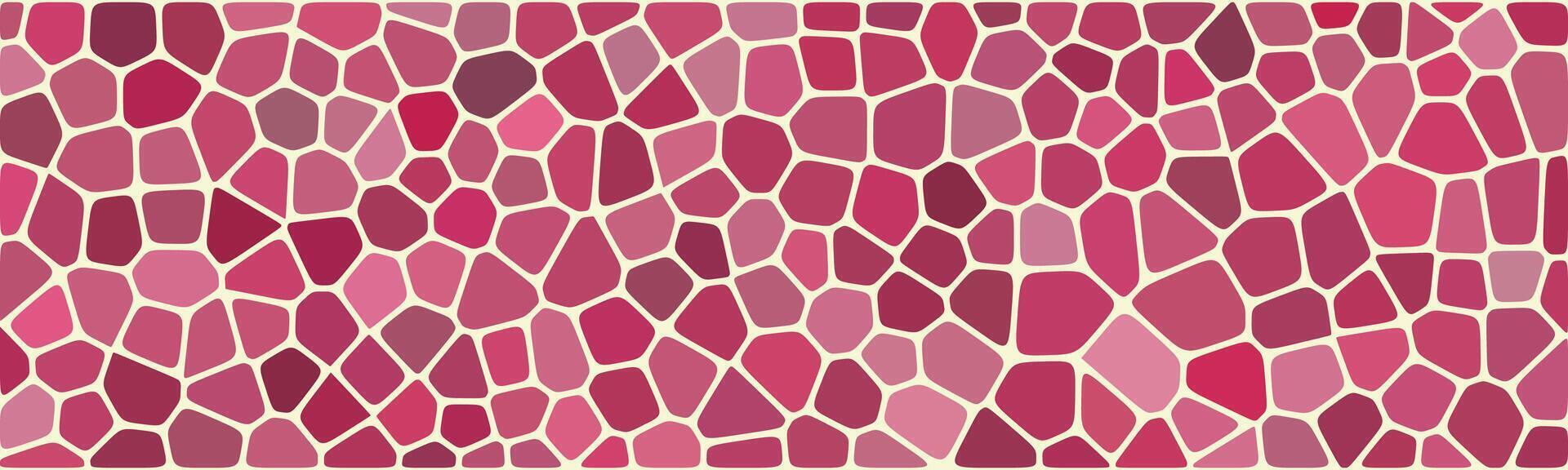 A vibrant mosaic pattern featuring irregular pink and red shapes, resembling stained glass with light beige outlines, creating a modern and dynamic texture. vector