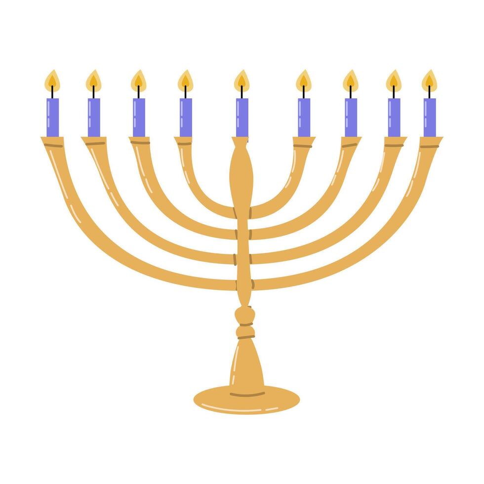 Elegant menorah with lit candles for hanukkah celebration on white background vector