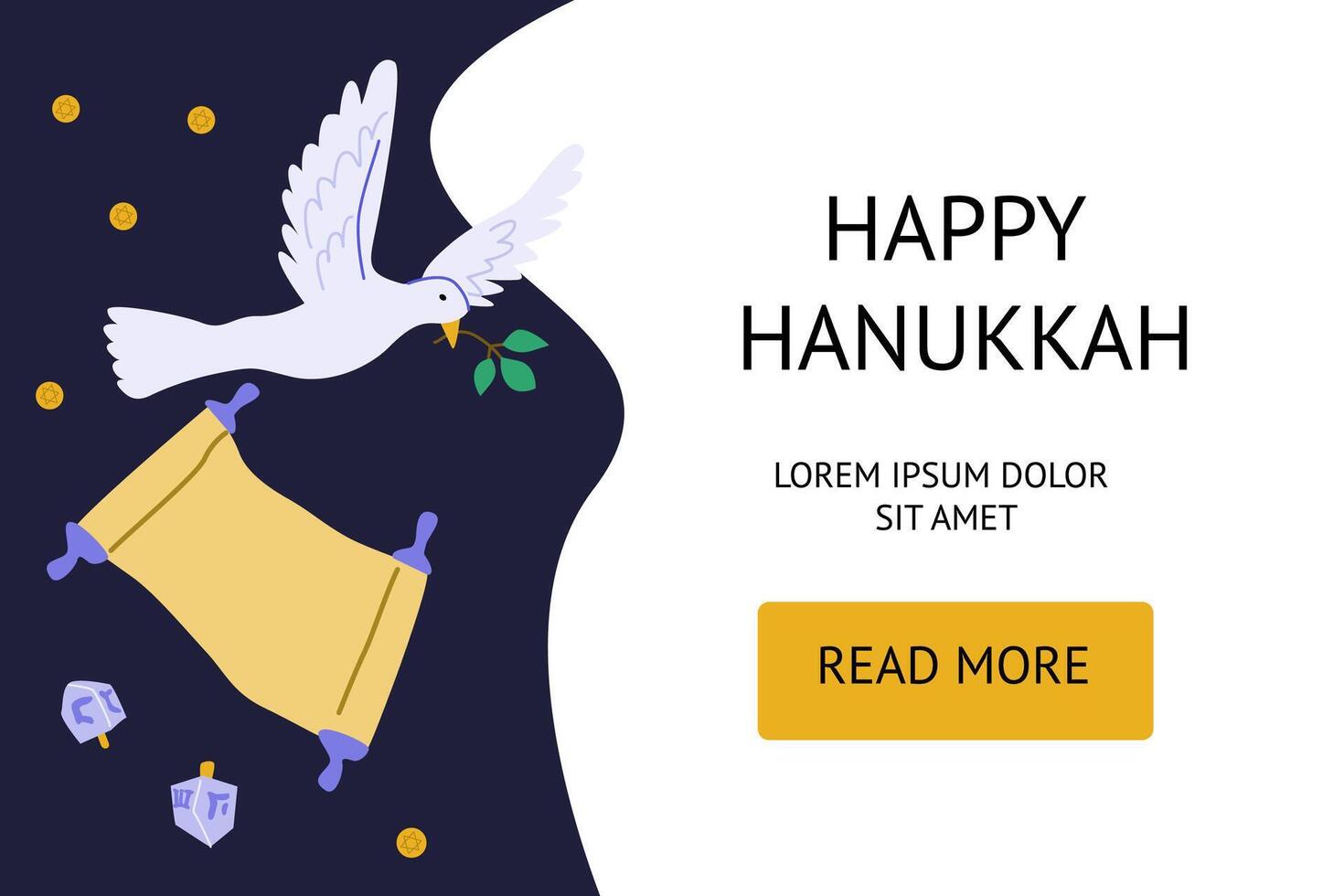 Happy hanukkah celebration with dove, scroll, and dreidels on festive background vector