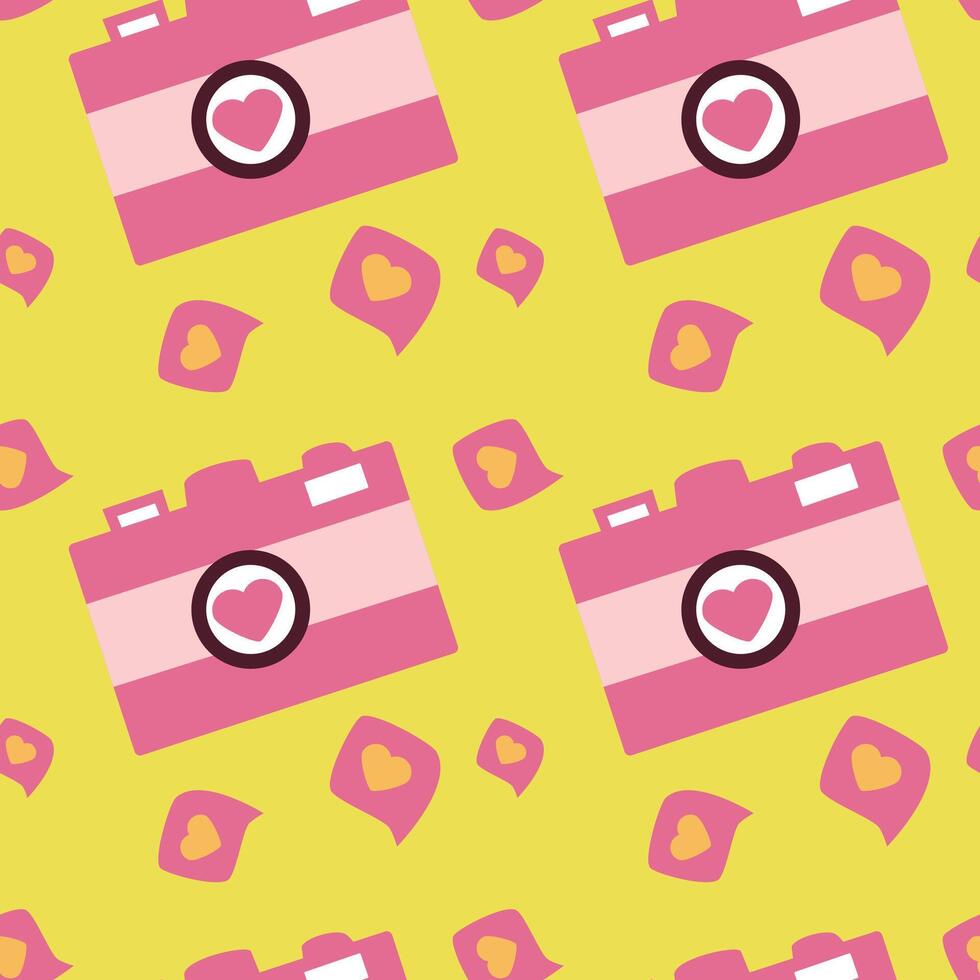 Retro pink cameras and hearts pattern on vibrant yellow background vector