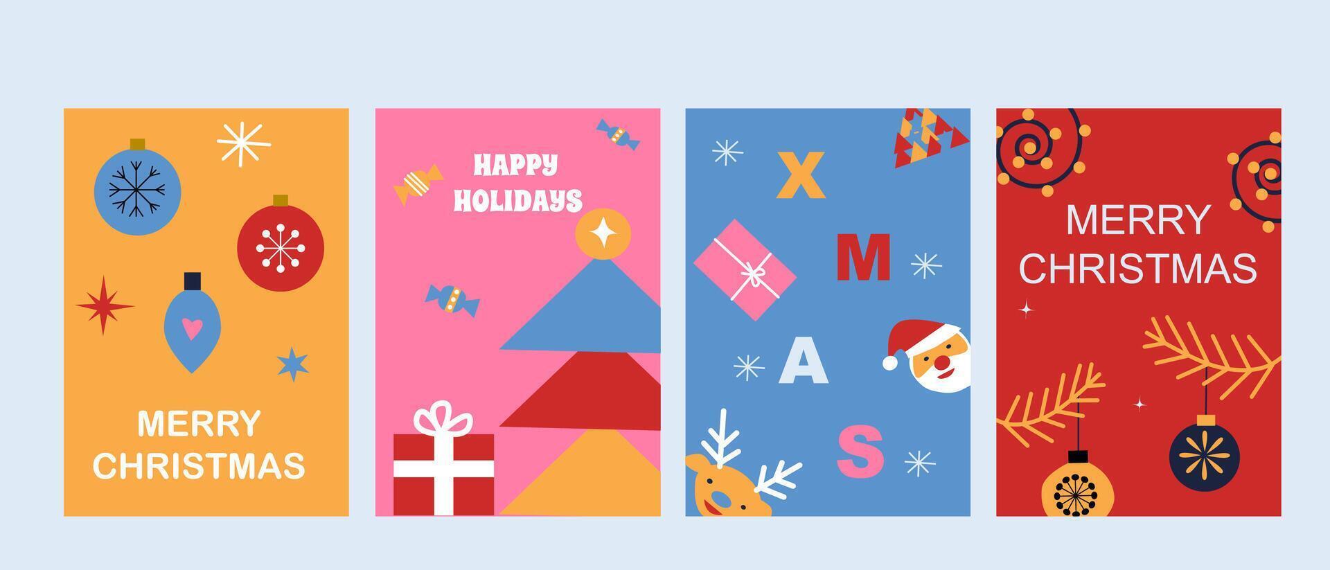 Vibrant christmas and holiday greeting card designs with festive elements vector