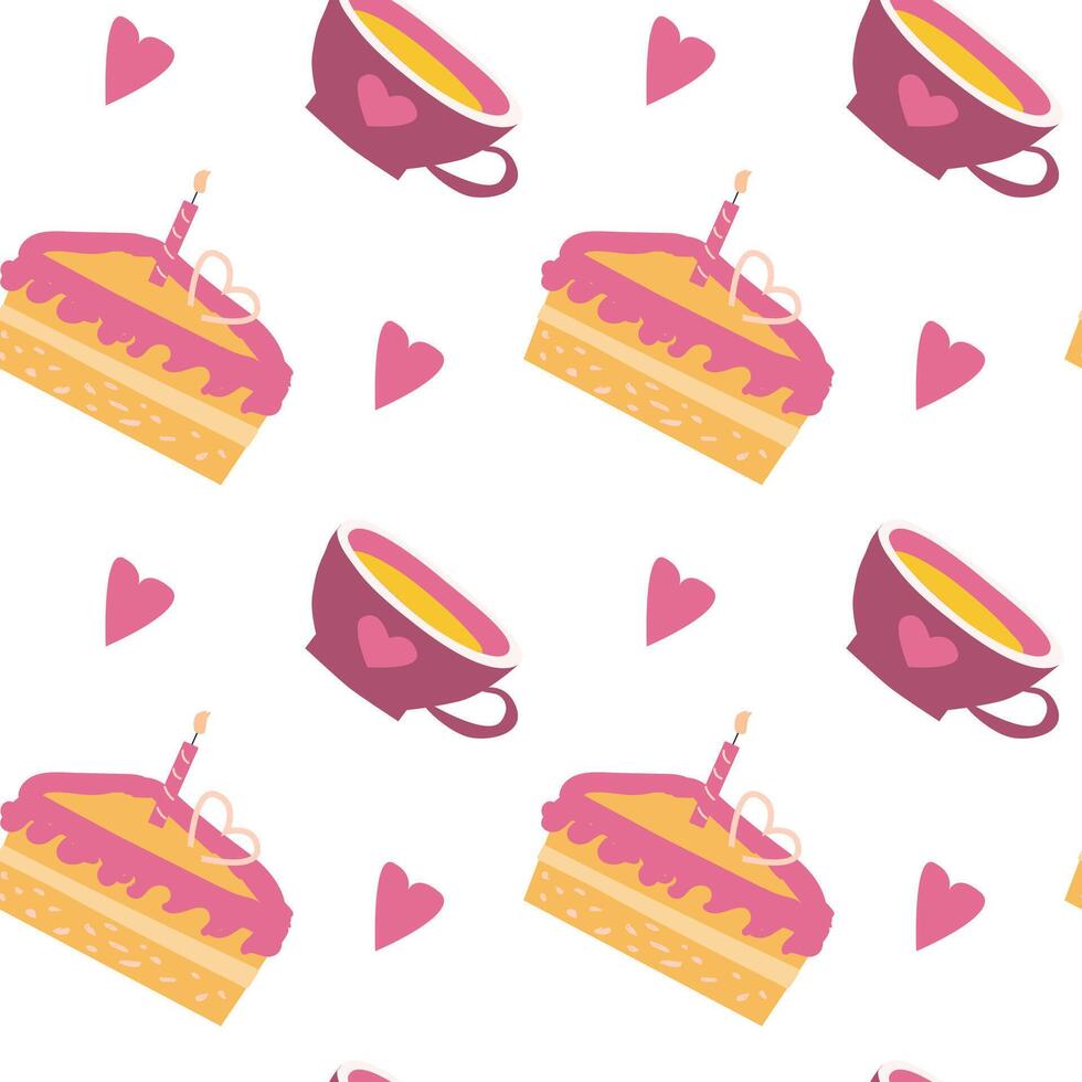 Seamless pattern of cake slices with candles, heart cups, and hearts vector